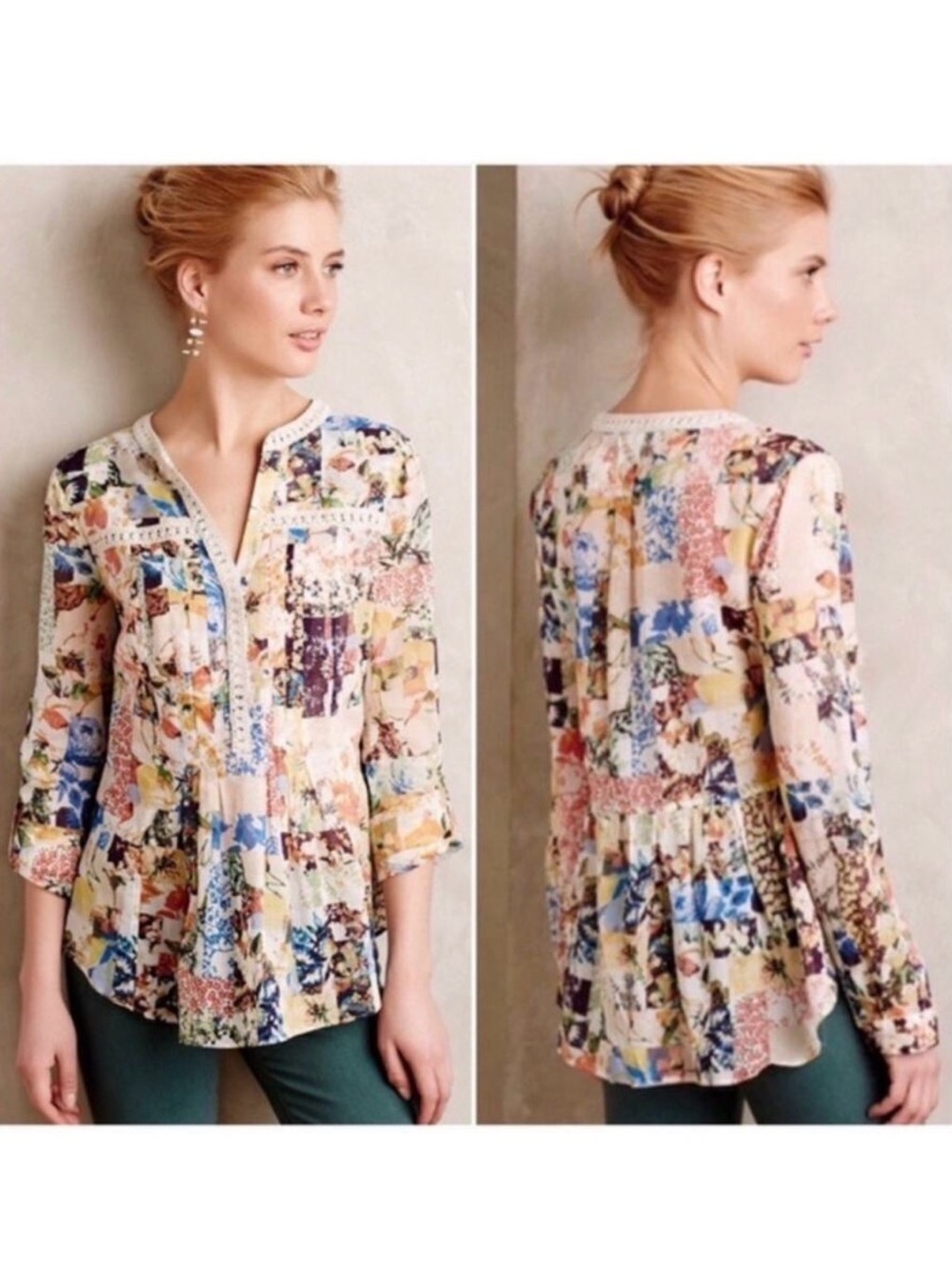 Maeve Abella Pintuck Multi-Color Floral Patchwork Blouse - Cream Base